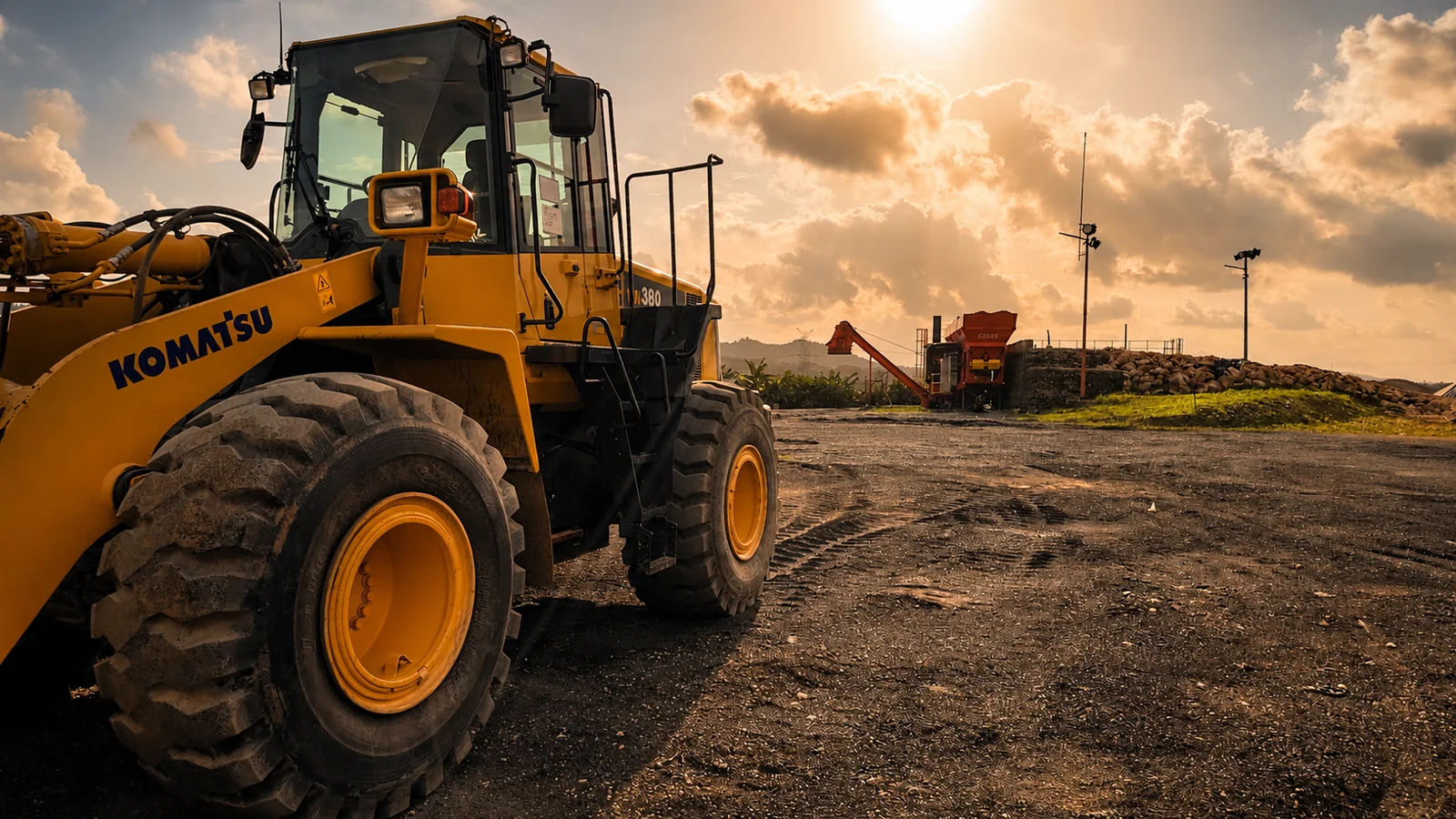 Cargadora Komatsu y planta de asfalto PINSA al atardecer — Aut. Duarte km 28